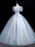 Light Blue Tulle with Lace Short Sleeves Party Dress, Light Blue Tulle Prom Dress